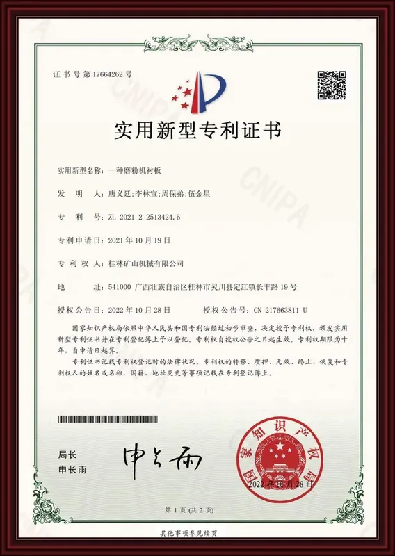 Grinding mill patent certificate